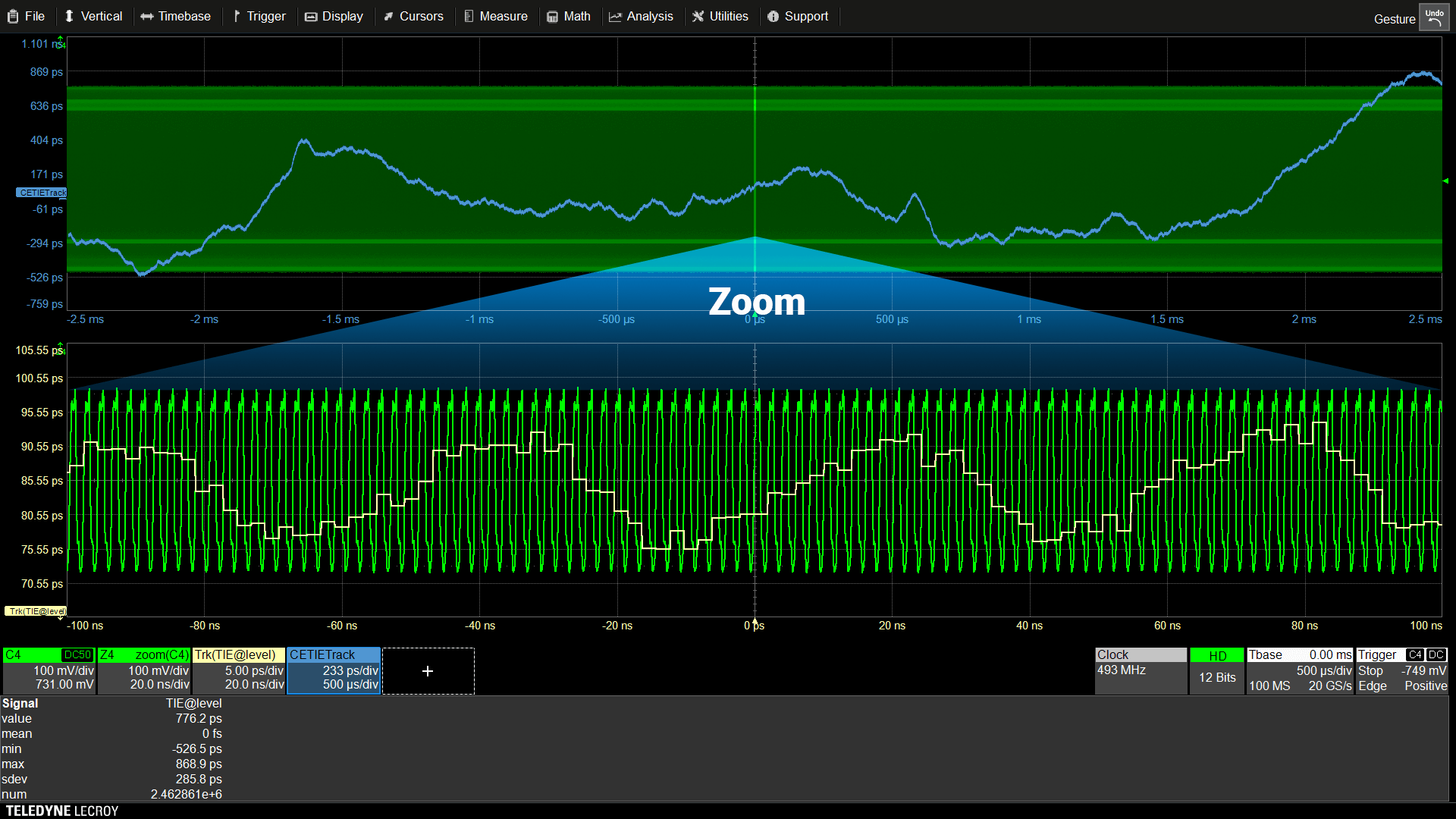 显示时钟抖动时间间隔误差测量与时间的屏幕截图，并应用降噪来提高测量精度