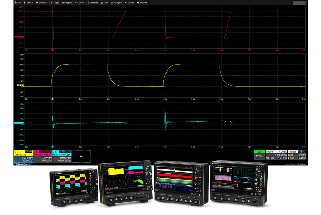 前景中使用 Teledyne LeCroy 高清示波器 (HDO) 产品线从 500 MHz 到 200 GHz 进行 8V 电源转换信号采集 (Vds、Vgs、Id)