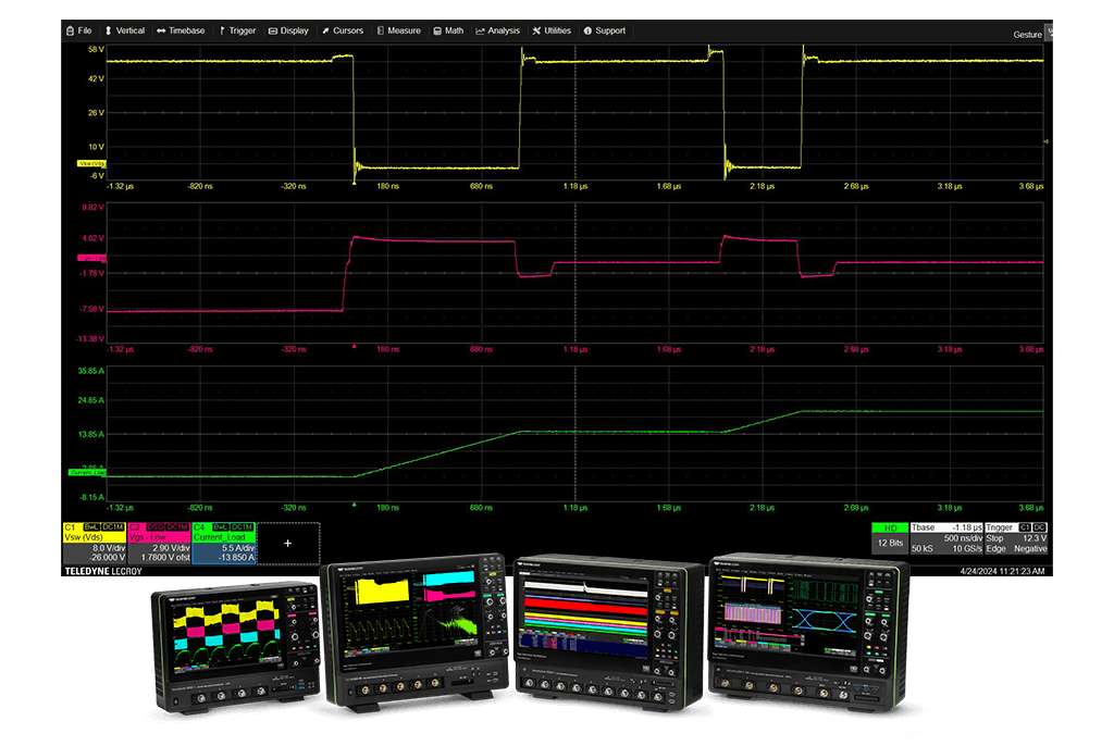 前景中使用 Teledyne LeCroy 高清示波器 (HDO) 产品线从 48 MHz 到 200 GHz 进行 8V 电源转换信号采集