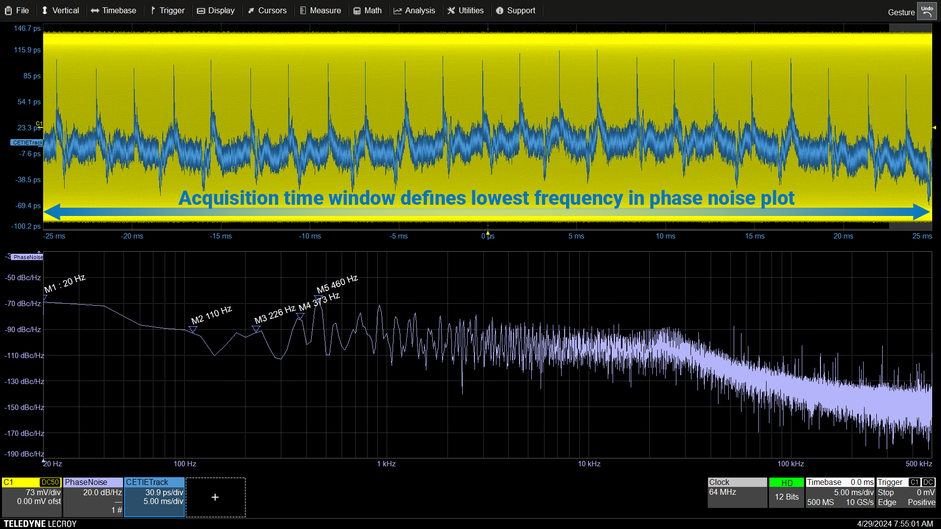 长示波器采集存储器，计算出的低频相位噪声（漂移）低至 20 Hz