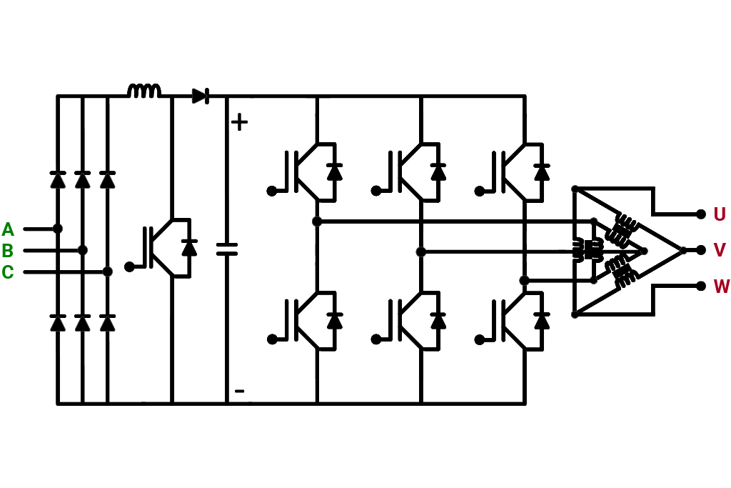 带三相输出滤波变压器的碳化硅 SiC IGBT 功率转换系统示意图